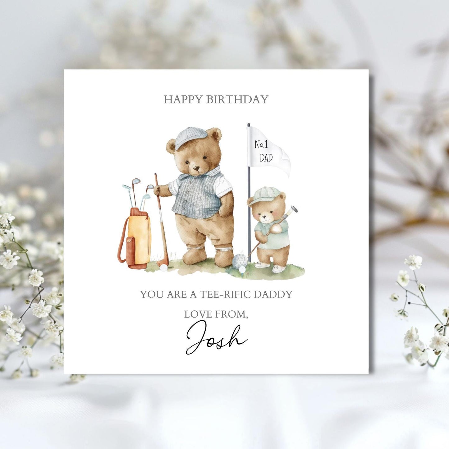 Personalised Daddy Birthday Bear Card -Bear Golfing Dad Card -Best Dad Card- Birthday Card for him Dad, Golf Day Card, Tee-rific Daddy