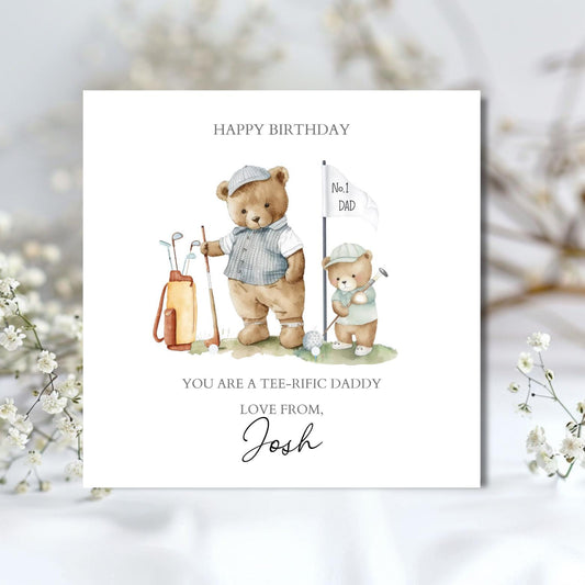 Personalised Daddy Birthday Bear Card -Bear Golfing Dad Card -Best Dad Card- Birthday Card for him Dad, Golf Day Card, Tee-rific Daddy