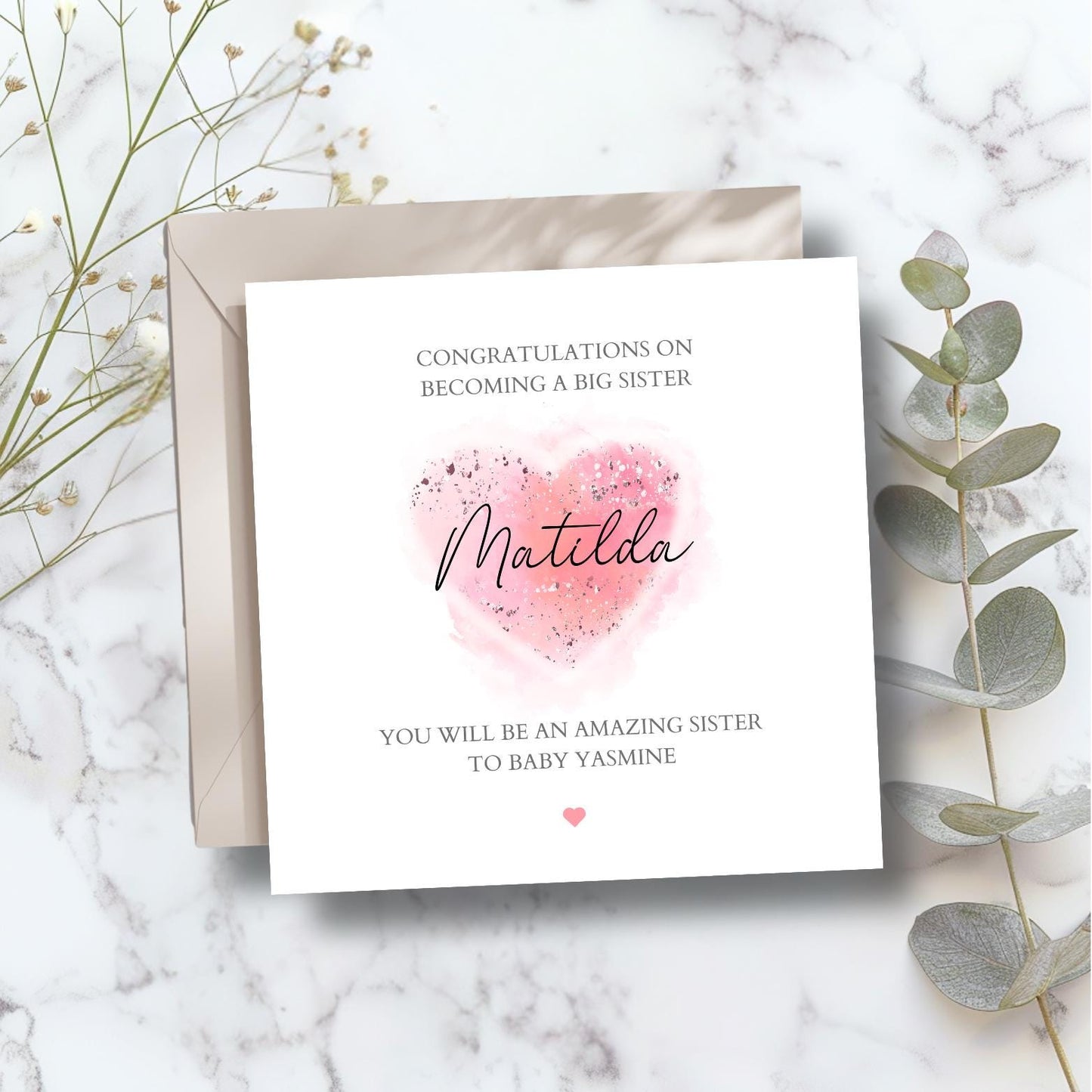 Personalised Big Sister Card, Personalised Big Sister Heart Girl Card l Big Sister Card |New Baby Card | Pink, Blue Colour Options