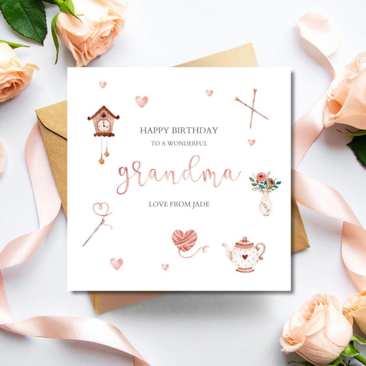 Personalised Grandma Birthday Card with Knitting Design | Nana Knitting Birthday Card | Birthday Card for Grandmother, Nanny, Nana, Grannie