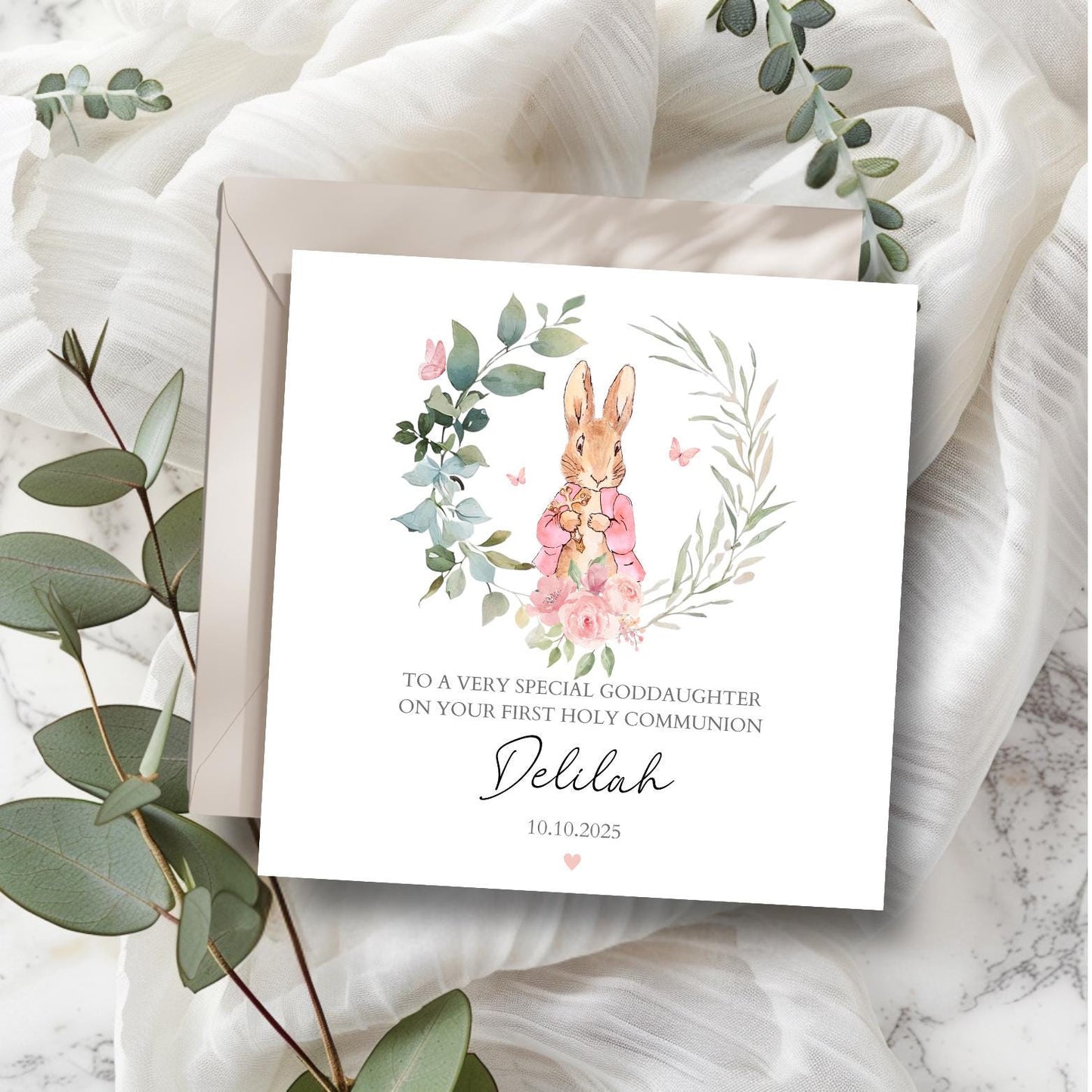 Personalised Peter Rabbit  Girl First Holy Communion Card, Flopsy Bunny Baptism Card, Personalised Baby Girl Christening Rabbit Card