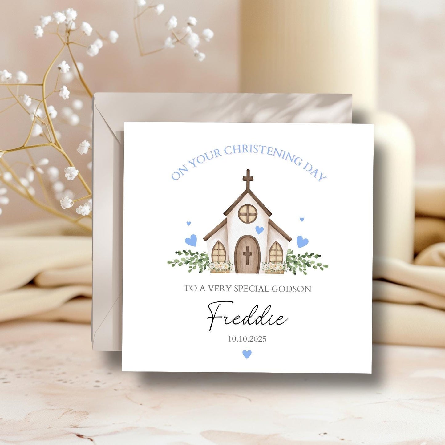 Personalised Christening Card, Baptism Card For Grandson Granddaughter Son Daughter Nephew Niece Godson Goddaughter, Chapel Church Design