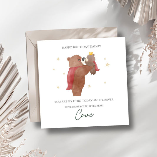 Personalised Daddy Birthday Bear Card -Bear Dad Card -Best Dad Card- Birthday Card for Dad, Uncle,Grandad, Any Relation. Superhero Bear