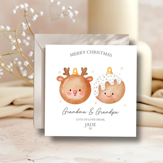 Personalised Grandparents Christmas Card - Reindeer Bauble Grandma & Grandpa Card- Xmas Grandparents Card