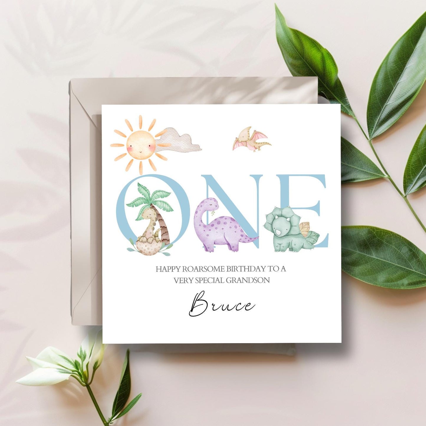 Personalised First Birthday Card Dinosaurs | Blue Birthday Dino Card | One Birthday Card for Boy |Birthday Card for Son, Grandson, Nephew