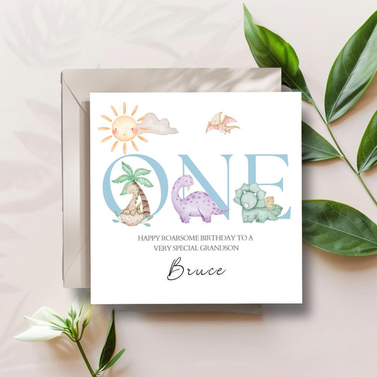 Personalised First Birthday Card Dinosaurs | Blue Birthday Dino Card | One Birthday Card for Boy |Birthday Card for Son, Grandson, Nephew