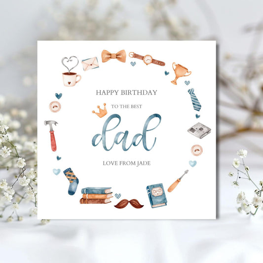 Personalised Dad Birthday Card - Birthday Card For Him -Best Dad Card- Wreath Birthday Card for Dad