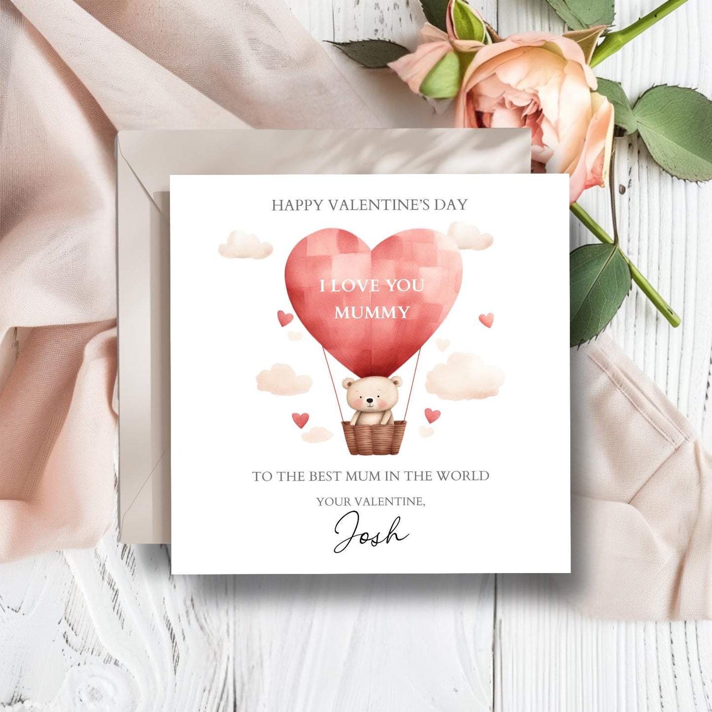 Personalised Mummy Valentines Day Card, Valentines Day Card for Mum, Bear Balloon 1st Valentine's Card for Mum, Grandma, Auntie,Any Relation
