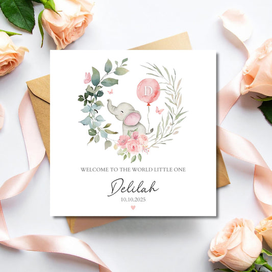 Personalised Elephant New Baby Card, Welcome to the World Card, Pink New Baby Girl Card, Blue New Baby Boy Card, Dear new Granddaughter Card