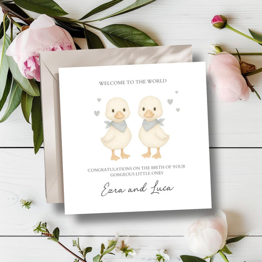 Personalised New Baby Twin Card, Personalised Baby Boy Twin Card ,Geese New Baby Twin Card, Twin Girls, Twin Boys, Welcome to the World