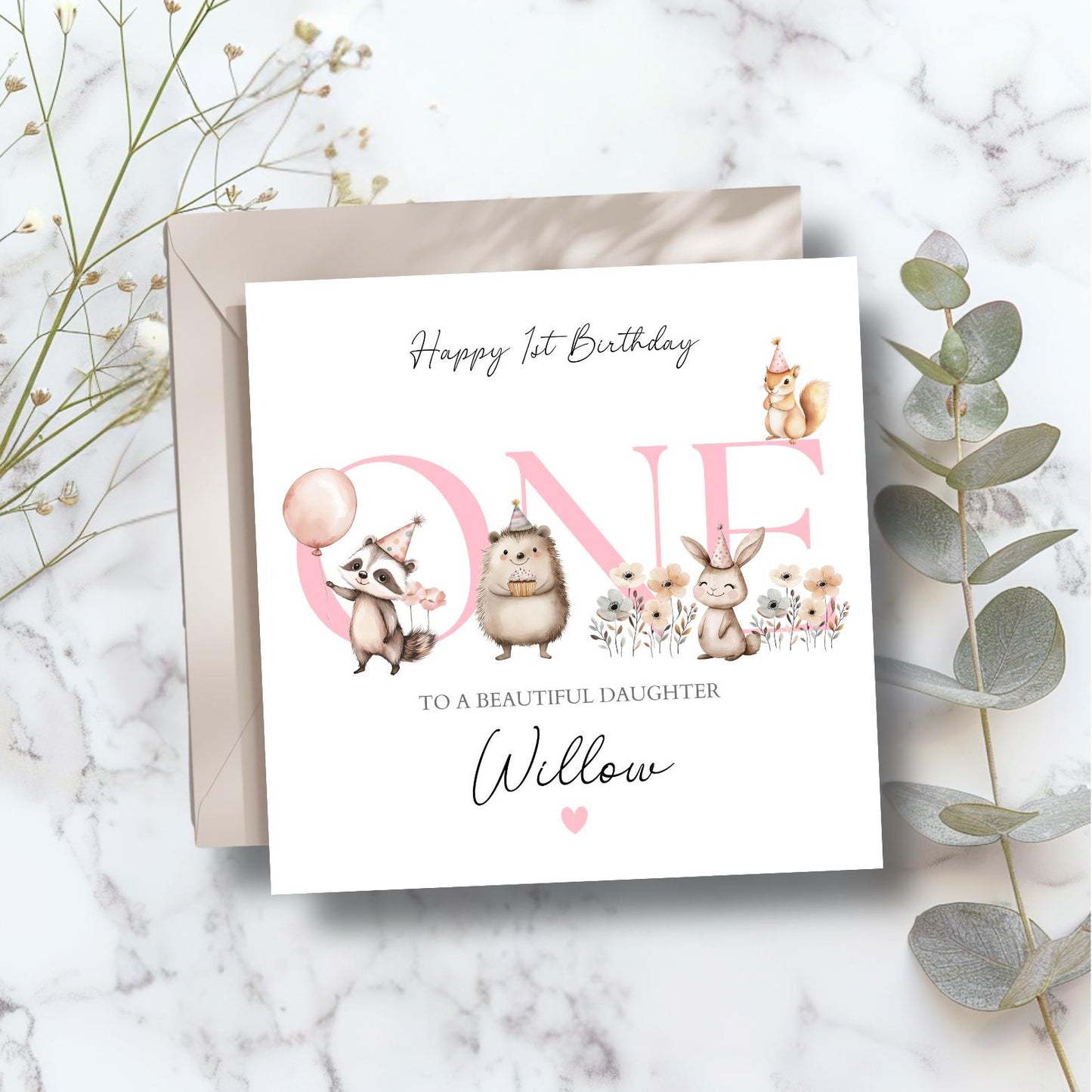 Personalised First Birthday Card|1st birthday Animal Card |First Birthday Card for Girl |Pink One Birthday Card for daughter, Granddaughter