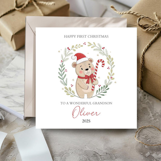 Personalised First Christmas Bear Card|1st Christmas Card for Son, Grandson, Nephew |2025 Christmas Card | Christmas Card for Daughter,Niece