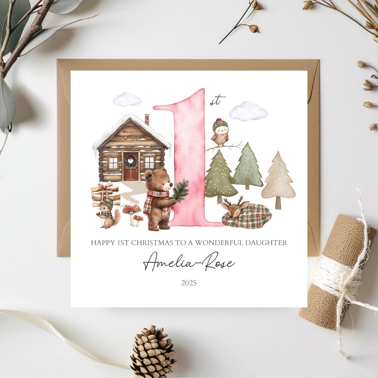 Personalised First Christmas Woodland Bear Card| Christmas Card for Grandson, Daughter, Son with Animals |2025 Christmas Card, Any Relation