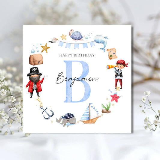 Personalised Birthday Card Pirate Under The Sea| Blue Birthday Sea Card | Initial Birthday Card for Boy |Birthday Card for, Son, Grandson
