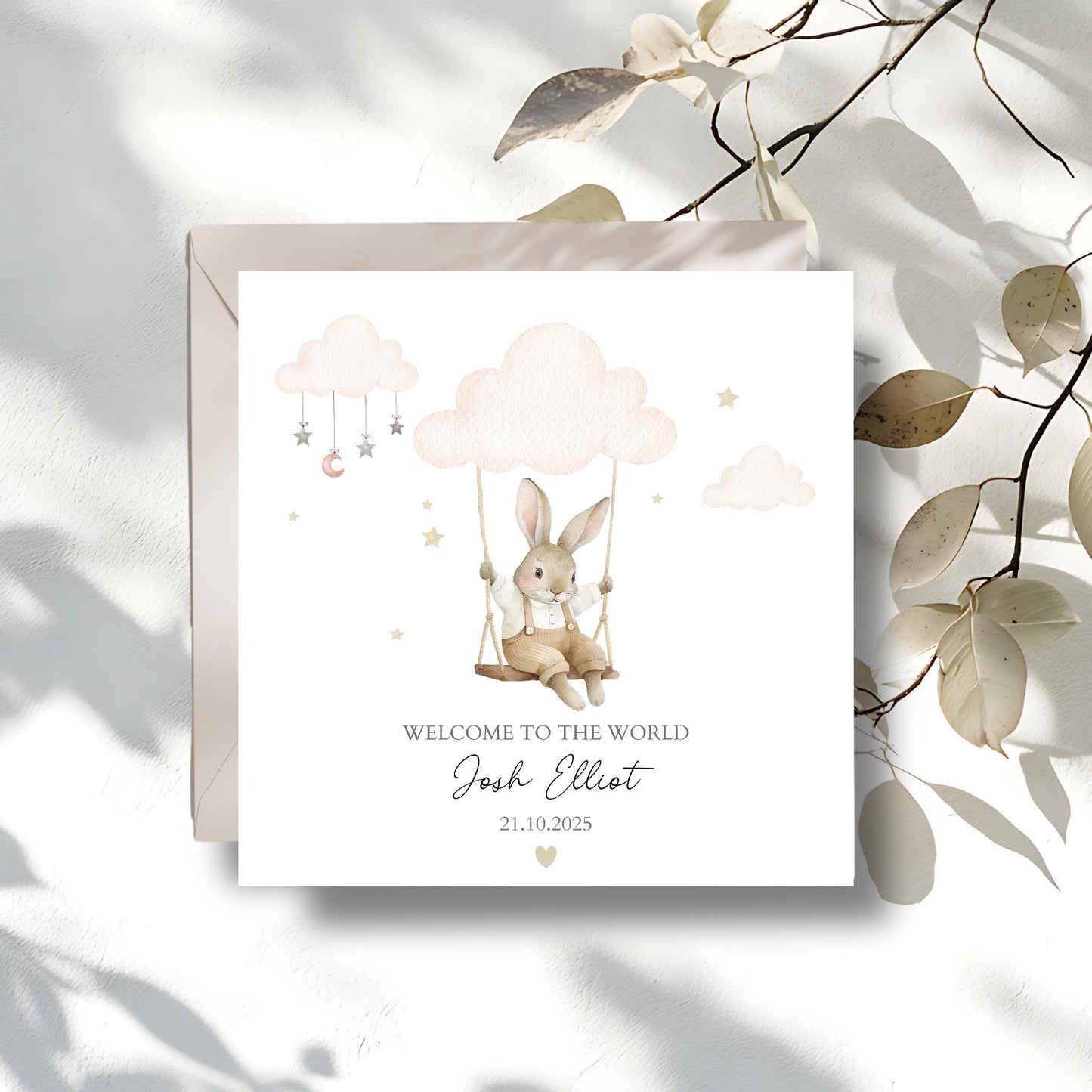 Personalised New Baby Card Bunny , Welcome to the World Card, New Baby Bunny Card, Neutral Baby Card,New Granddaughter, Niece, Grandson Card