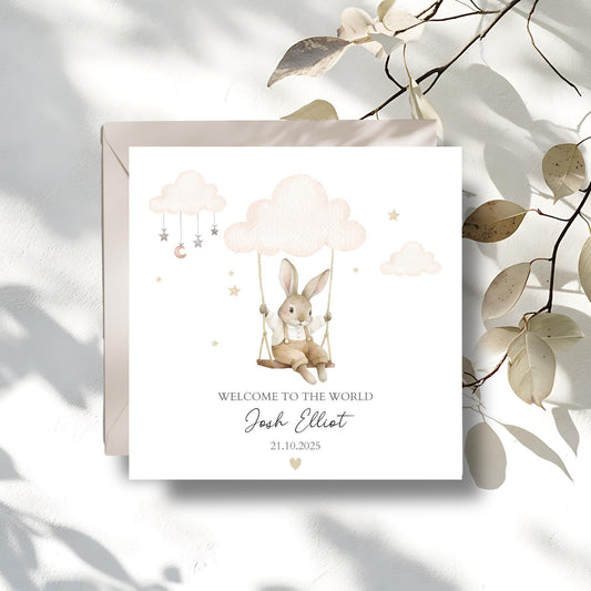 Personalised New Baby Card Bunny , Welcome to the World Card, New Baby Bunny Card, Neutral Baby Card,New Granddaughter, Niece, Grandson Card