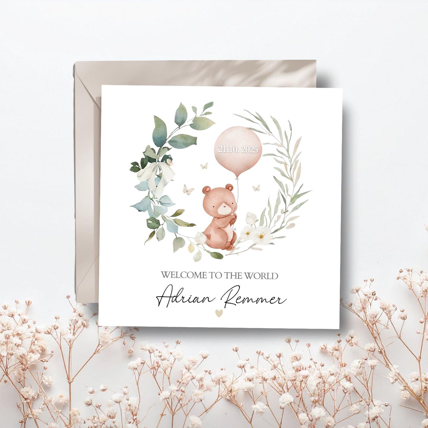 Personalised Bear New Baby Card, Personalised New Baby Girl balloon Greeting Card ,Baby's Birth Card, Bear with Balloon Baby Card