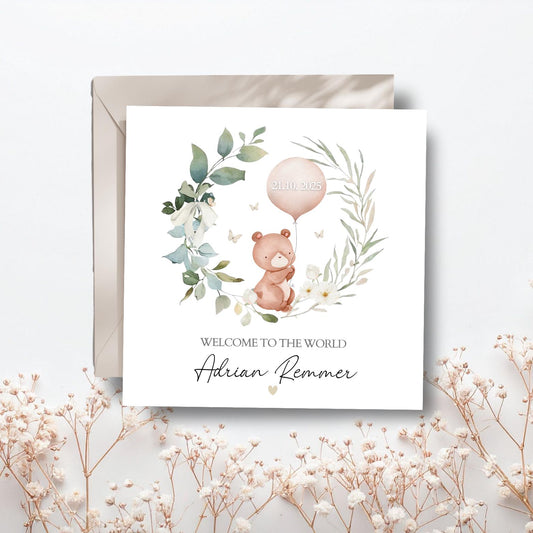 Personalised Bear New Baby Card, Personalised New Baby Girl balloon Greeting Card ,Baby's Birth Card, Bear with Balloon Baby Card