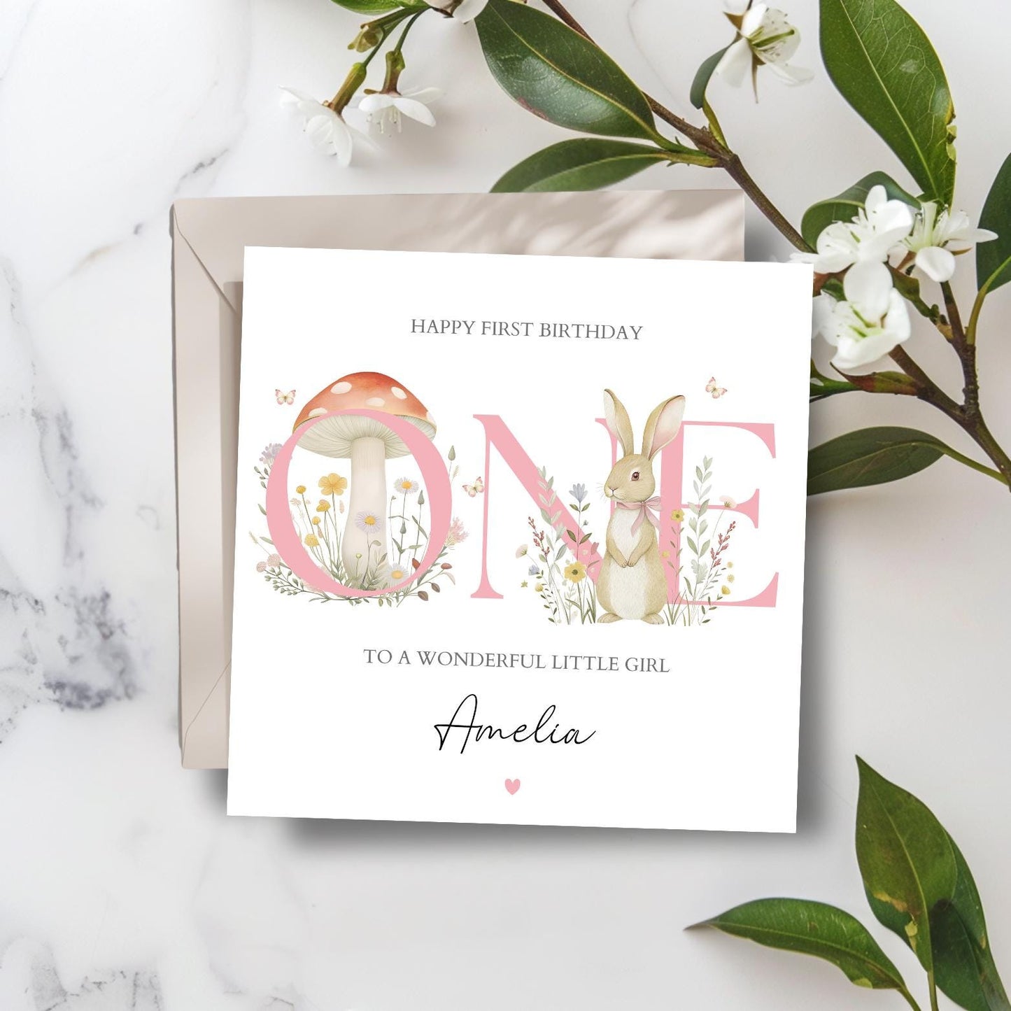 Personalised First Birthday Card Neutral | 1st birthday Bunny rabbit card | Girl One Personalised Birthday Card| Blue Bunnies Flowers Card