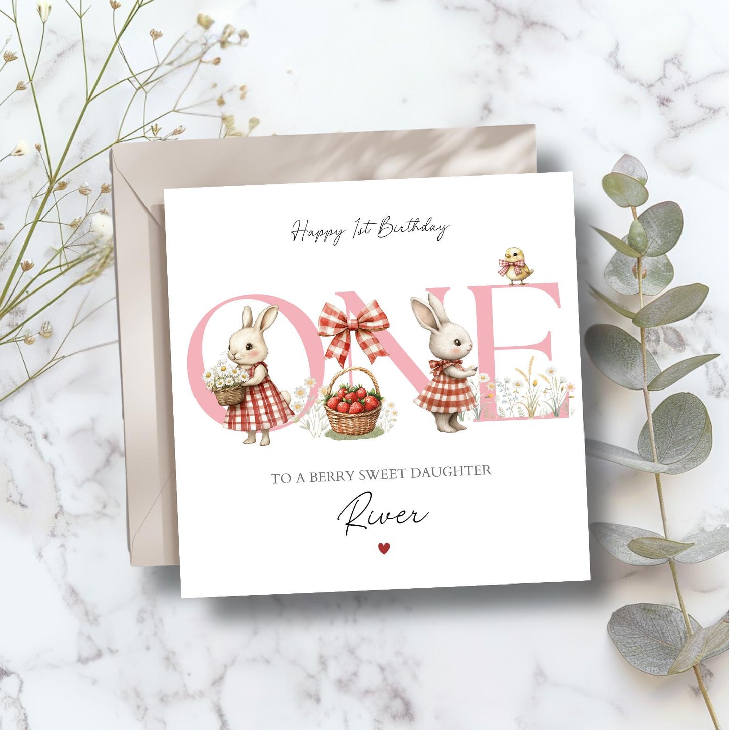 Personalised First Birthday Berry Card| 1st birthday Strawberry Bunny rabbit card | Pink Red Girl Birthday Card| Red Bunnies Flowers Card