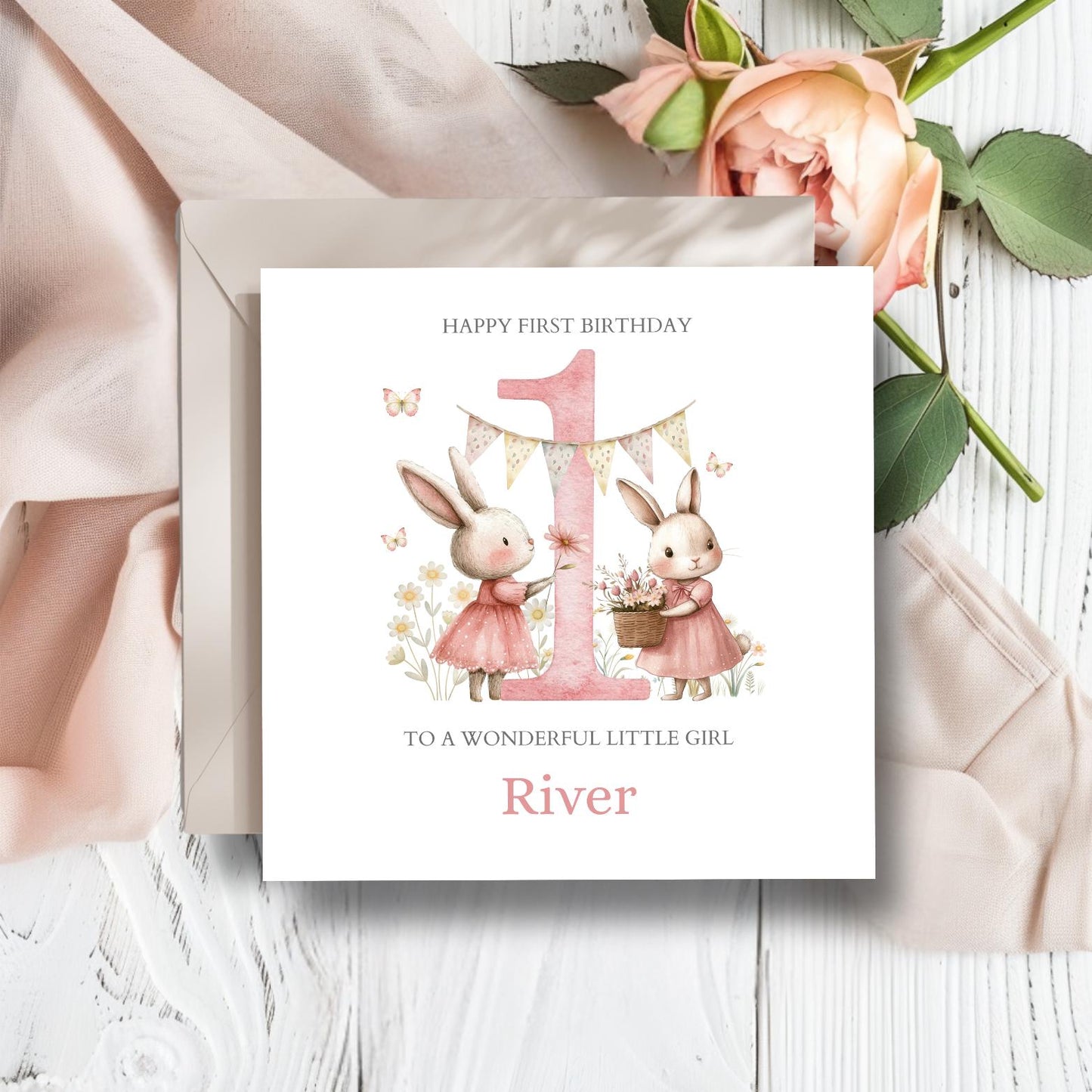 Personalised First Birthday Card Pink| 1st birthday Bunny rabbit card | Girl One Personalised Birthday Card| Pink Bunnies Flowers Card