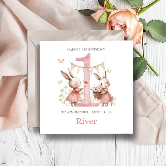 Personalised First Birthday Card Pink| 1st birthday Bunny rabbit card | Girl One Personalised Birthday Card| Pink Bunnies Flowers Card
