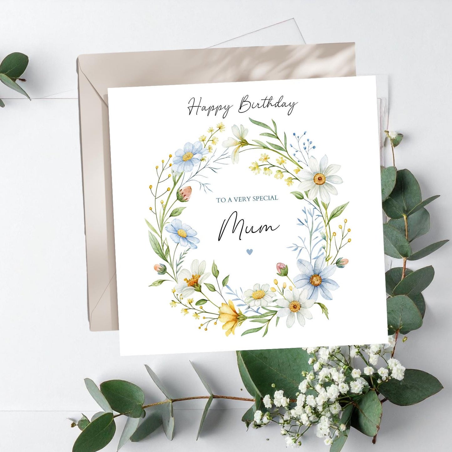 Personalised Mom Birthday Card -Floral Wreath Birthday Mum Card -Elegant Mum Birthday Card for her Mother- Flower Design Mother Card