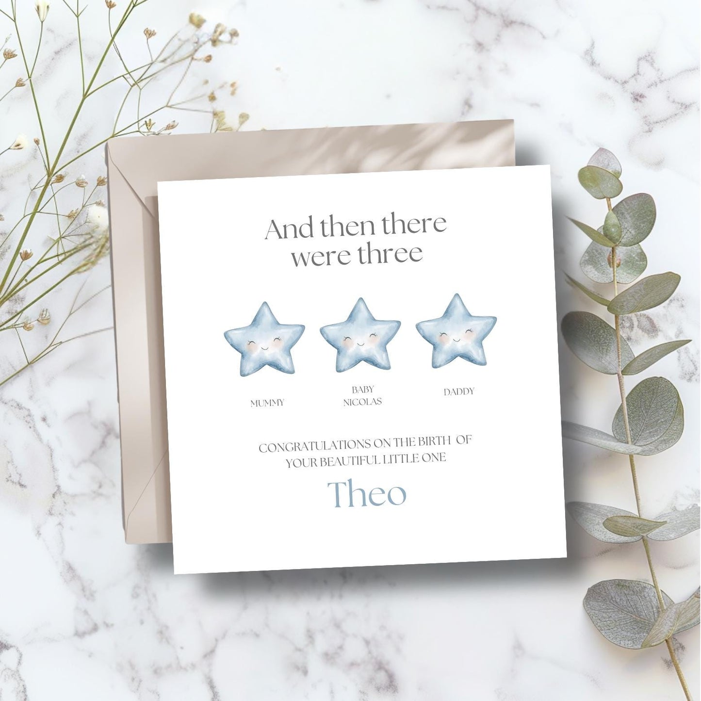 Personalised New Baby Card -Welcome to the World Card -Neutral Beige Stars Keepsake Card- Personalised Stars Card-Then There Were Three Card