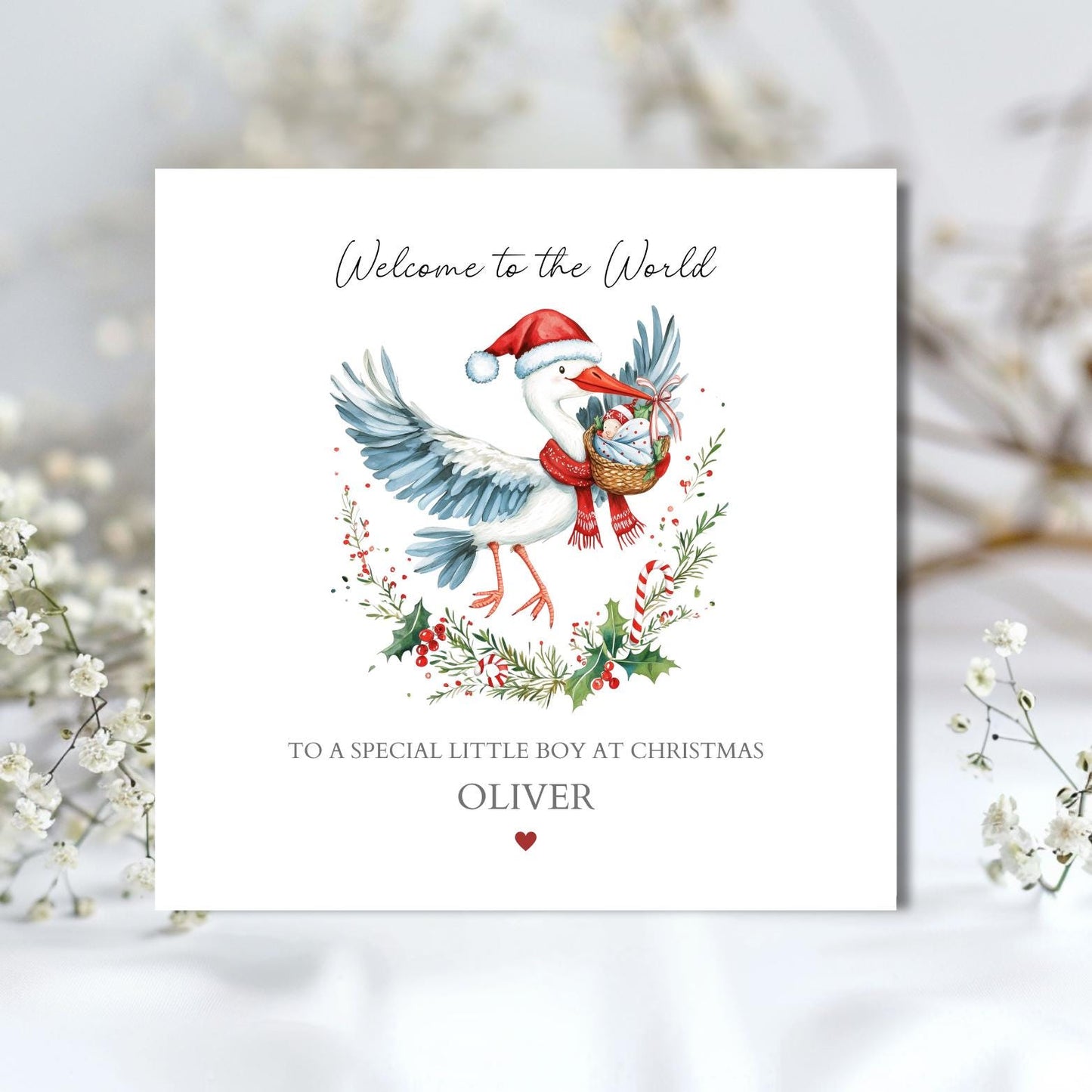 Personalised New Baby Christmas Card | Baby Stork Christmas Card| Xmas Welcome to the World | Christmas Card for Baby, Granddaughter, Niece