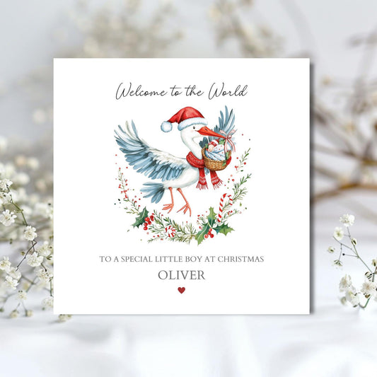 Personalised New Baby Christmas Card | Baby Stork Christmas Card| Xmas Welcome to the World | Christmas Card for Baby, Granddaughter, Niece