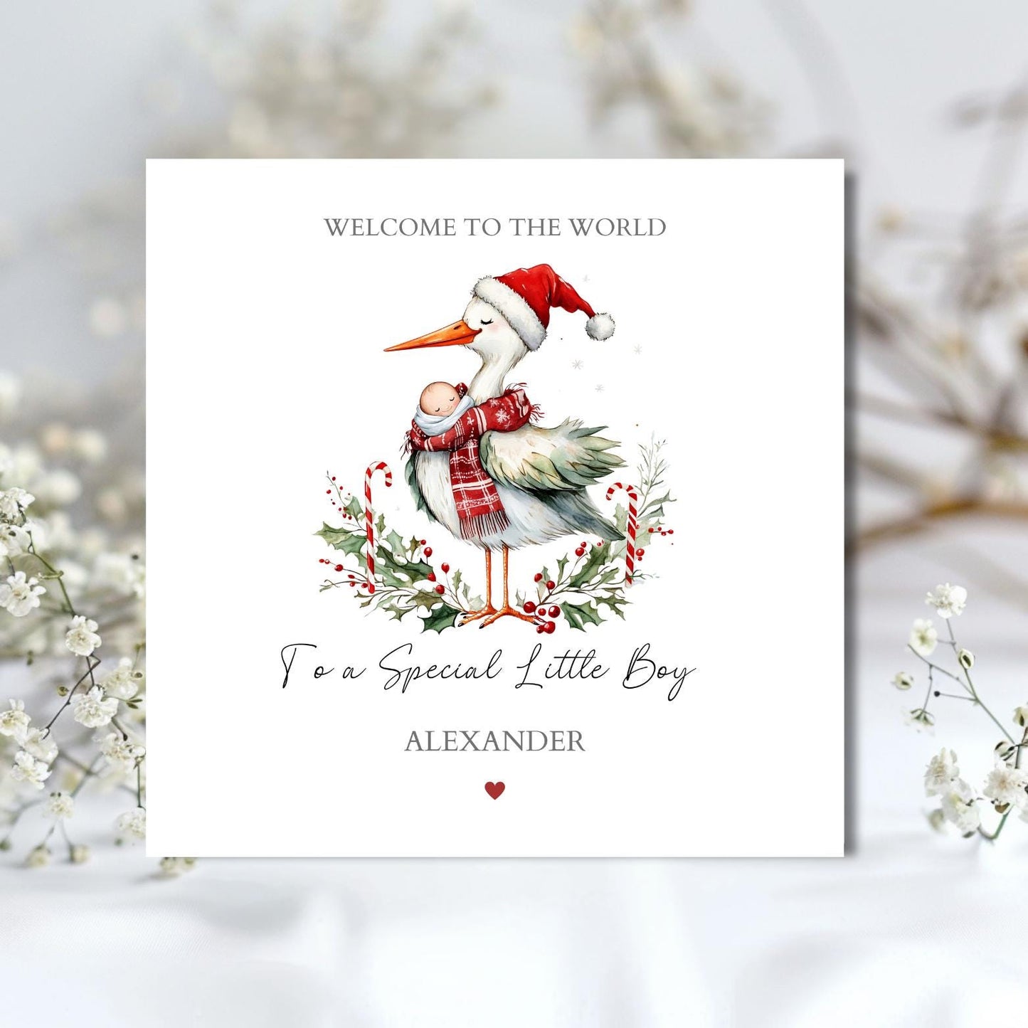 Personalised New Baby Christmas Card | Baby Stork Christmas Card| Xmas Welcome to the World | Christmas Card for Baby, Granddaughter, Niece