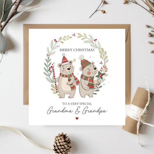 Personalised Grandparents Christmas Card - Bears Wreath Grandma & Grandpa Card- Xmas Grandparents Card| Christmas Card for Nanny, Grandpa