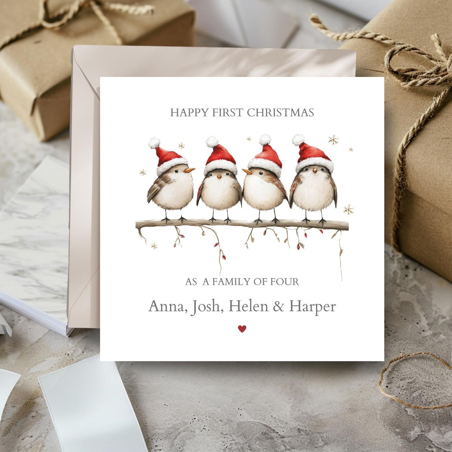 Personalised First Christmas as a Family Card, Bird Family of Four Card, 1st Xmas as a Family of 3 or 4| Christmas Card for New Family
