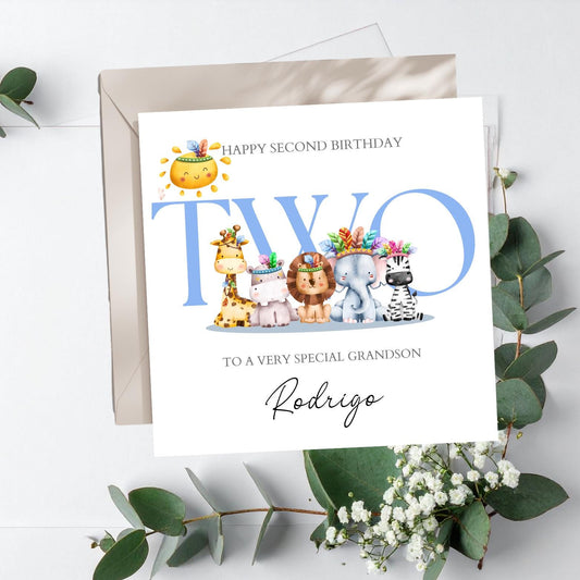 Personalised Second Birthday Card Safari Animals | Blue birthday Animals card |Two Birthday Card for Boy |2nd Birthday Card for Son,Grandson