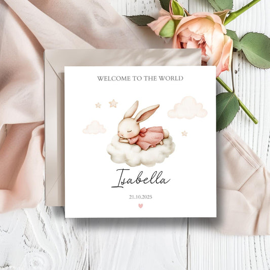 Personalised New Baby Card Bunny , Welcome to the World Card, New Baby Bunny Card, Neutral Baby Card,New Granddaughter, Niece, Sister Card