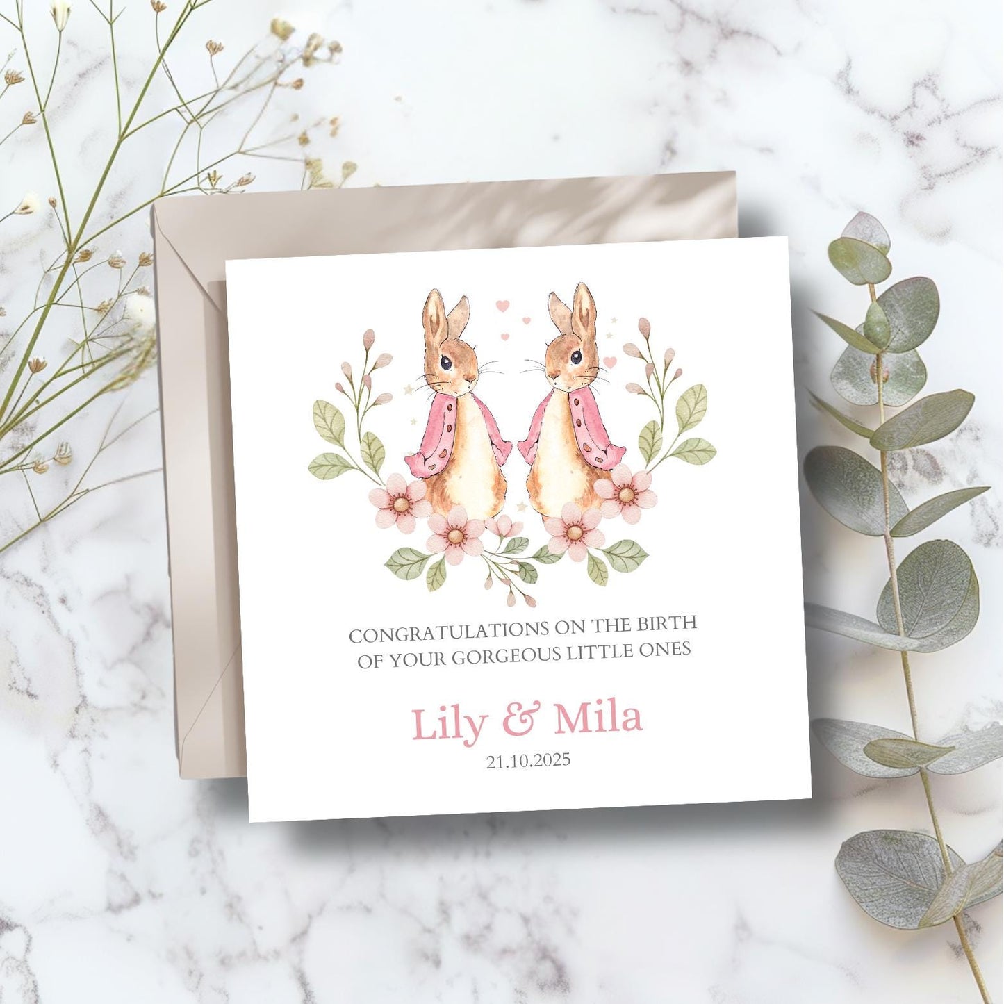 Personalised Flopsy Bunny Rabbit Twins New Baby Card, Personalised New Baby Girl Greeting Card ,Girl Twins Card, Peter Rabbit Card