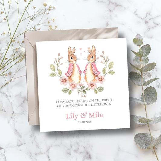 Personalised Flopsy Bunny Rabbit Twins New Baby Card, Personalised New Baby Girl Greeting Card ,Girl Twins Card, Peter Rabbit Card