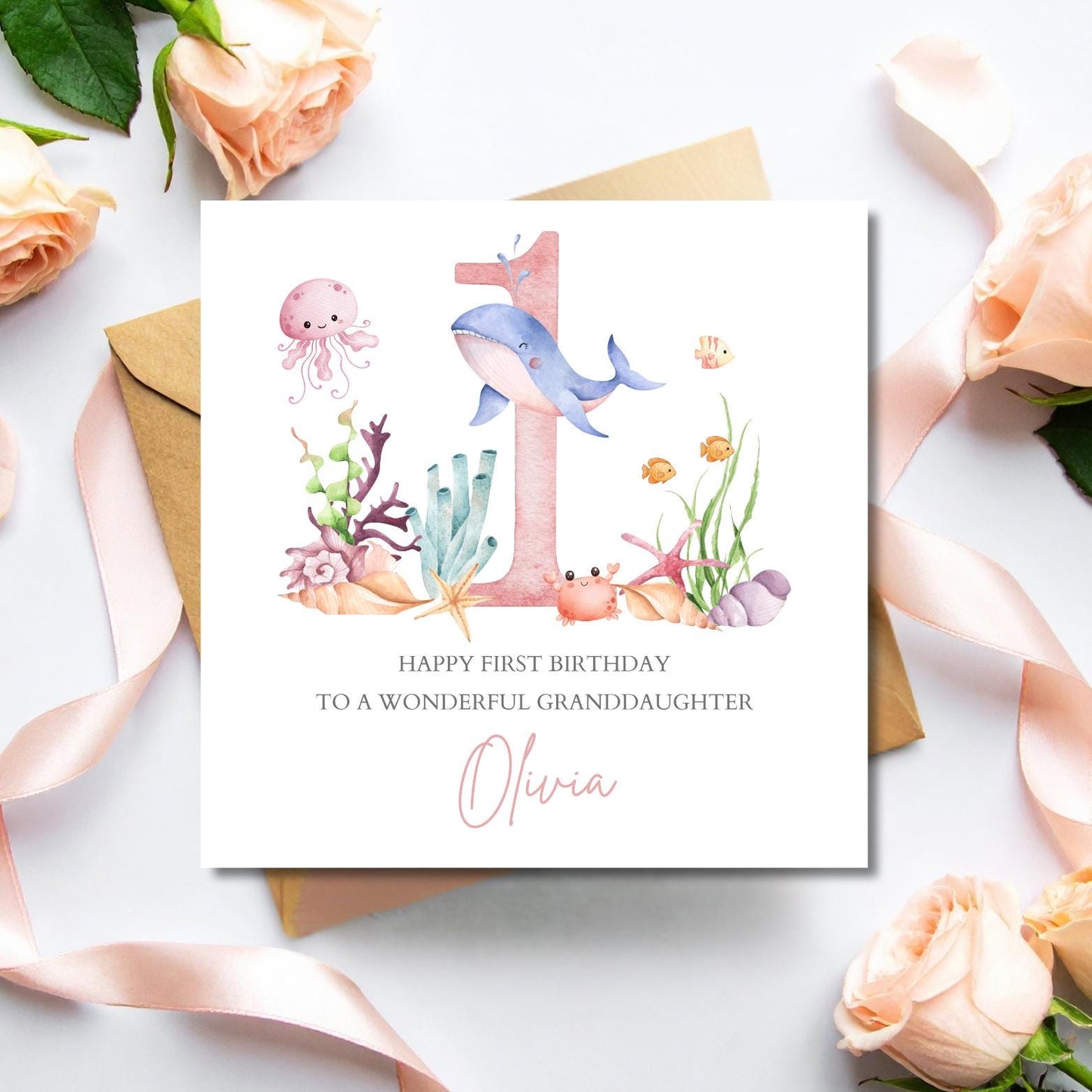 Personalised First Birthday Card Under the Sea Animals| Child birthday Ocean card| Sea Life 1st,2nd,3rd Birthday Card for Girl,Granddaughter