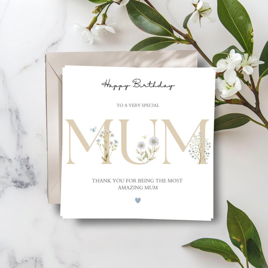 Personalised Mom Birthday Card -Neutral Floral Mum Card -Elegant Birthday Card for her Mother- Flower Design Mother Card