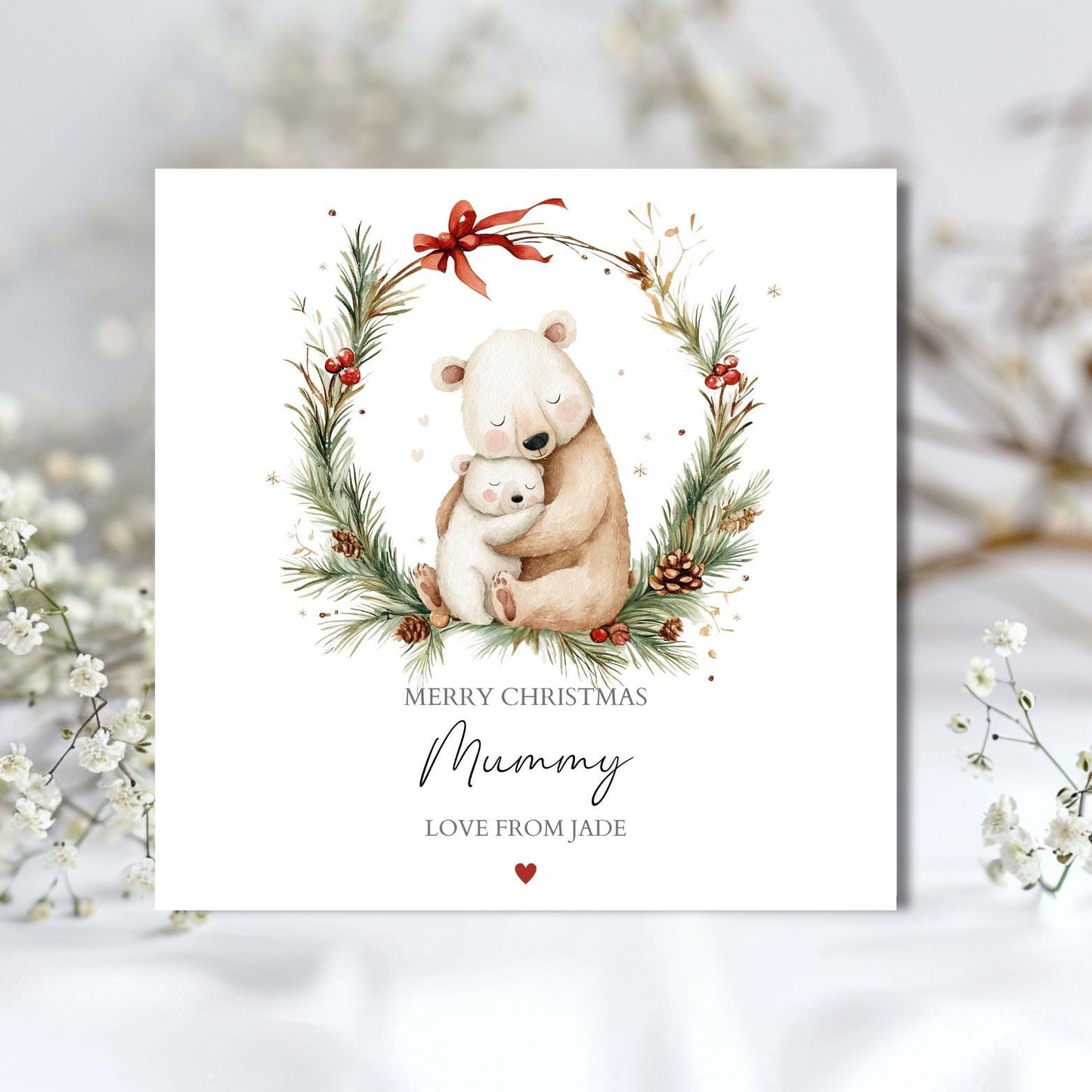 Personalised Daddy Christmas Card - Bears Wreath Mummy Christmas Card- Xmas Parents Card| Christmas Card for Dad, Mum, Nanny, Any Relation