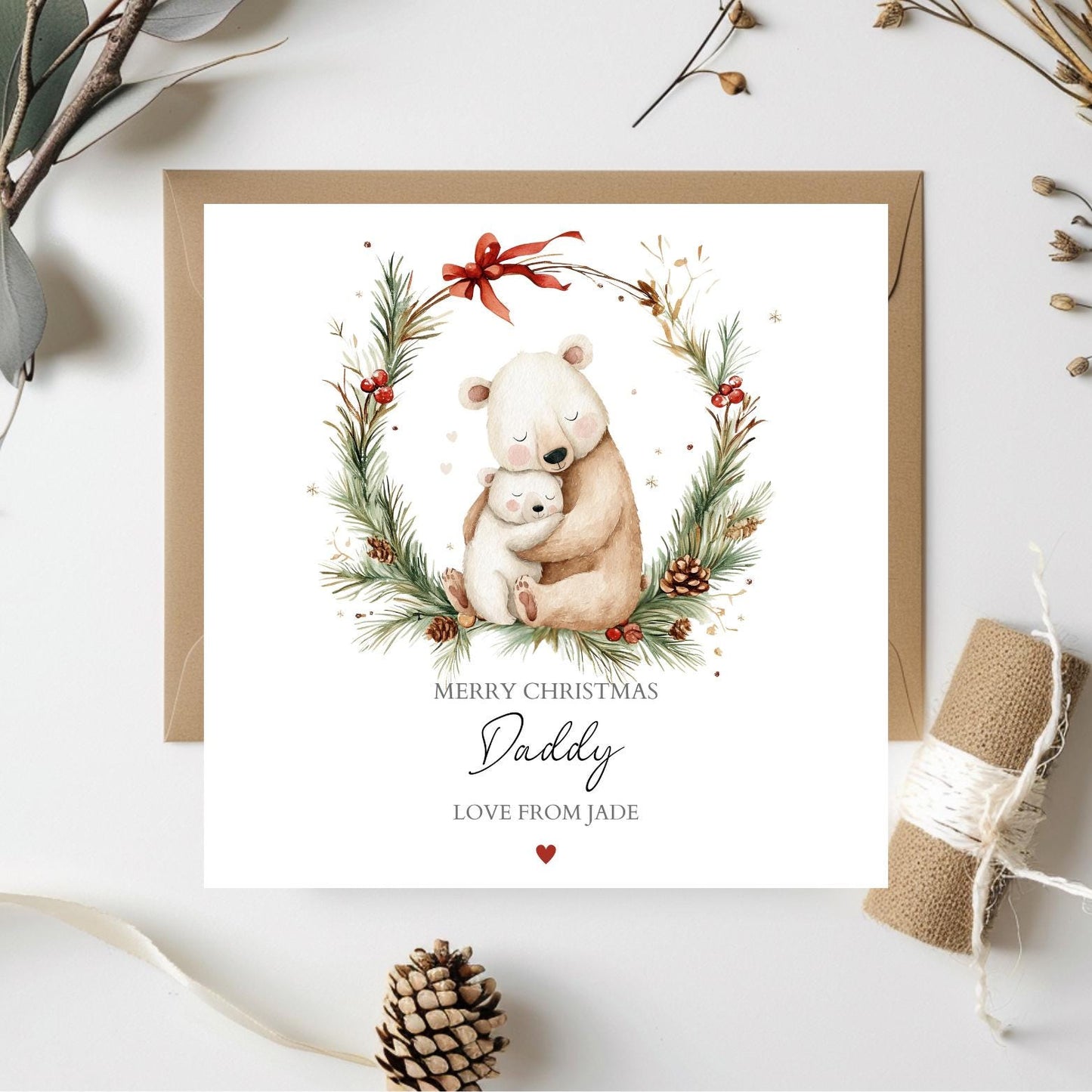 Personalised Daddy Christmas Card - Bears Wreath Mummy Christmas Card- Xmas Parents Card| Christmas Card for Dad, Mum, Nanny, Any Relation
