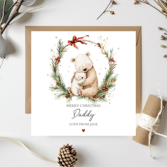 Personalised Daddy Christmas Card - Bears Wreath Mummy Christmas Card- Xmas Parents Card| Christmas Card for Dad, Mum, Nanny, Any Relation