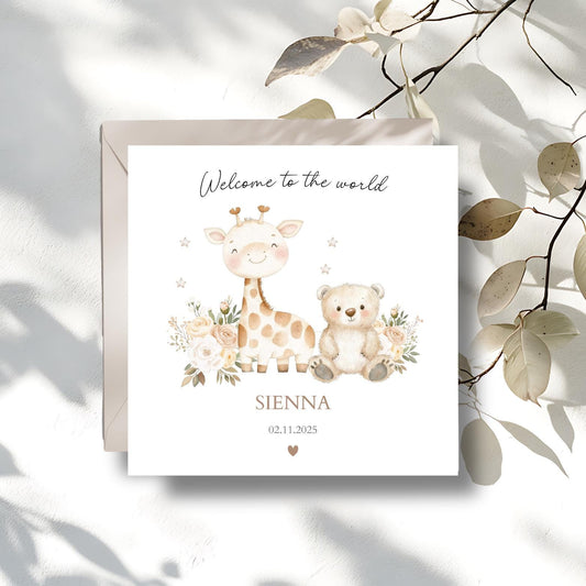 Personalised New Baby Card Giraffe and Bear, Welcome to the World Card, Baby Animal Card, Baby Card for Daughter, Granddaughter, Niece Card