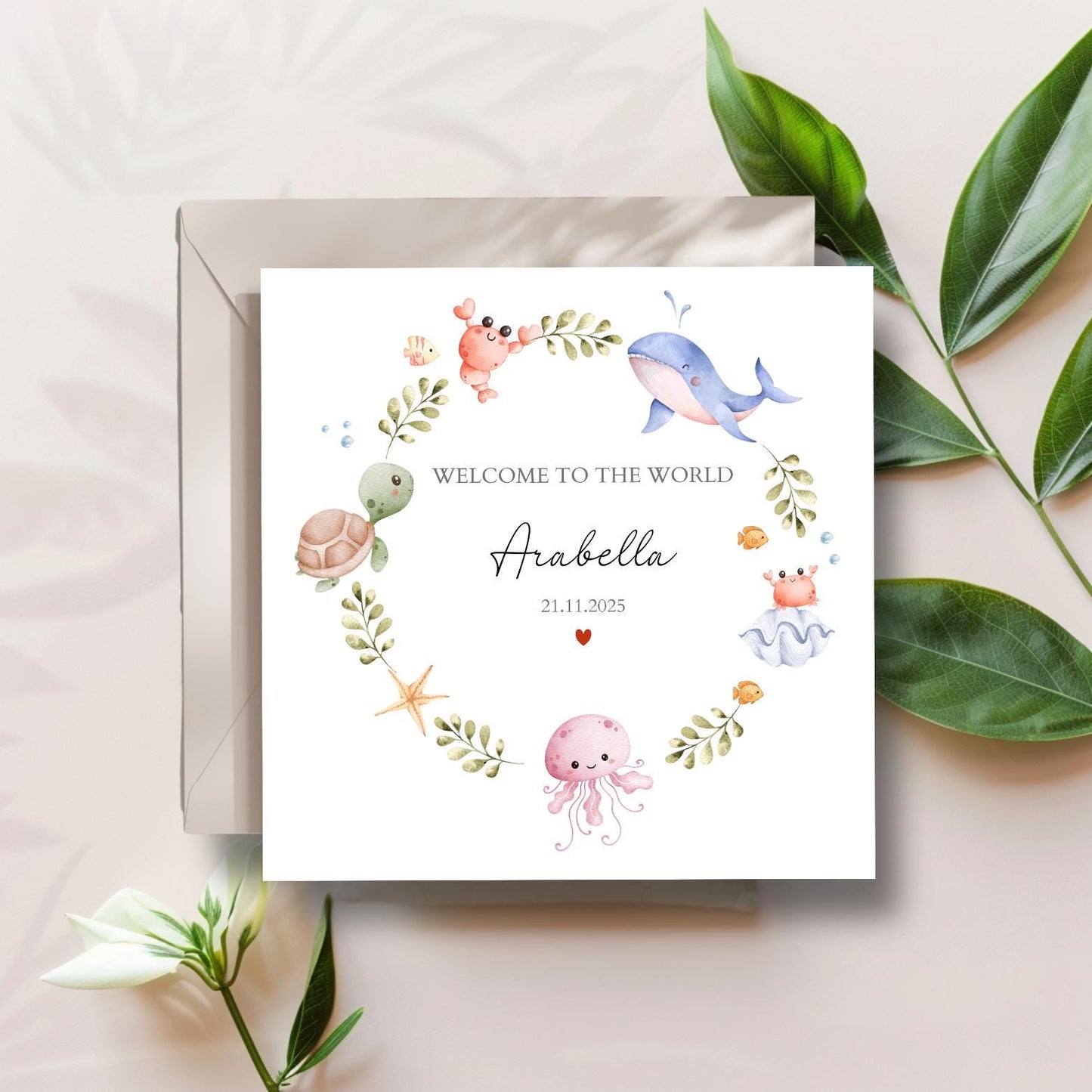 Personalised Sea Life Animals New Baby Card, Personalised New Baby Girl or Boy Card , Under The Sea Card For Son, Grandson, Any Relation