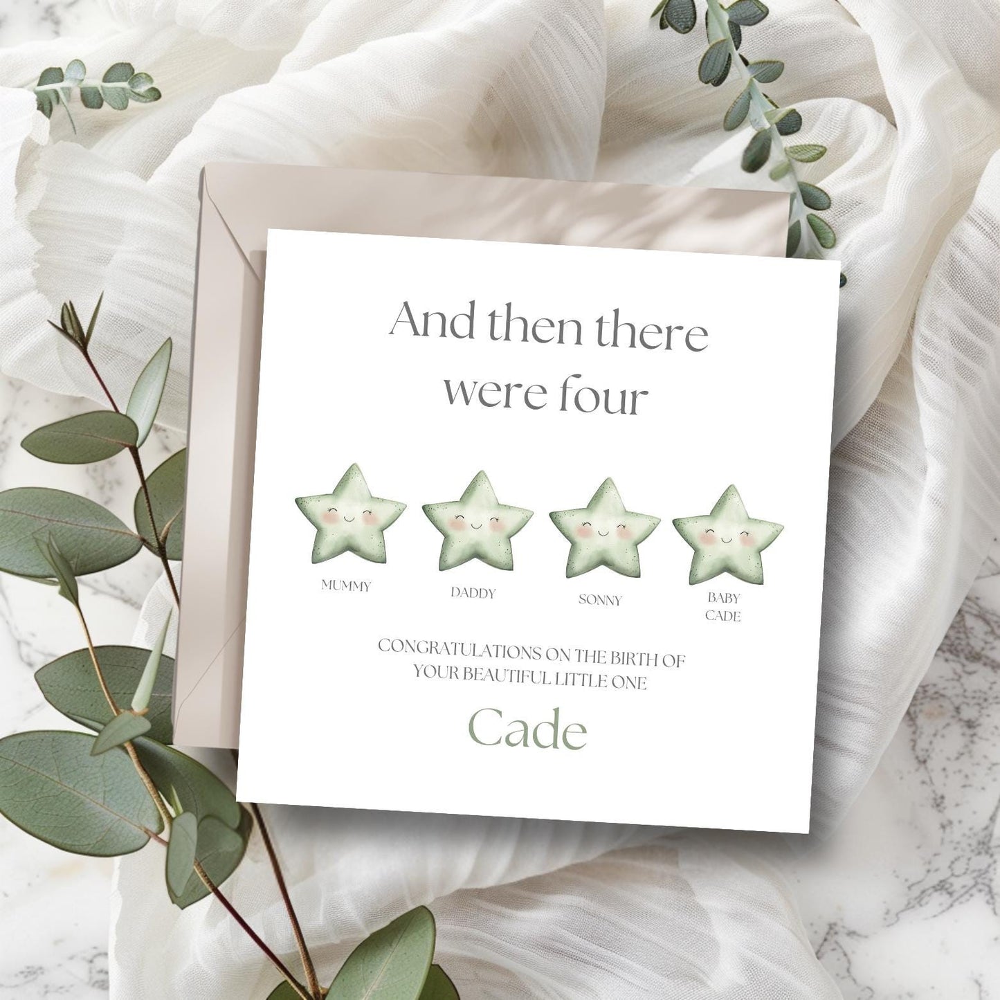 Personalised New Baby Card -Welcome to the World Card -Neutral Blue Keepsake Card- Personalised Stars Card-Then there were five card