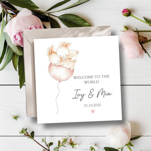 Personalised New Baby Twin Card, Personalised Baby Girl Twin Card, Bunny New Baby Twin Card, Twin Girls, Twin Girls, Welcome to the World