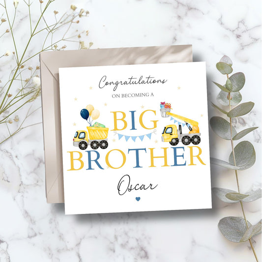Personalised Big Brother Card - Construction Big Brother Card For Son-  Digger Promoted to Big Brother- Construction Truck Vehicles Card
