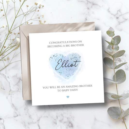 Personalised Big Brother Card, Personalised Big Brother Heart Boy Card l Brother Announcement Card |New Baby Card |Pink, Blue Colour Options