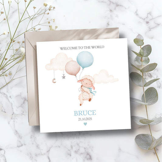 Personalised New Baby Card Lamb Balloons ,Welcome to the World Card, Blue New Baby Boy Card, Blue Pink Baby Girl Card, New Grandson Card
