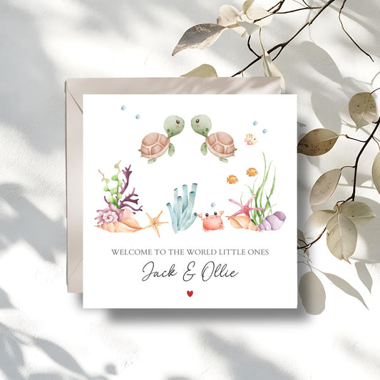 Personalised Sea Life Animals Twin Baby Card, Personalised Turtle Twin Girls or Boys , Under The Sea Card For Granddaughter, Grandson, Twins